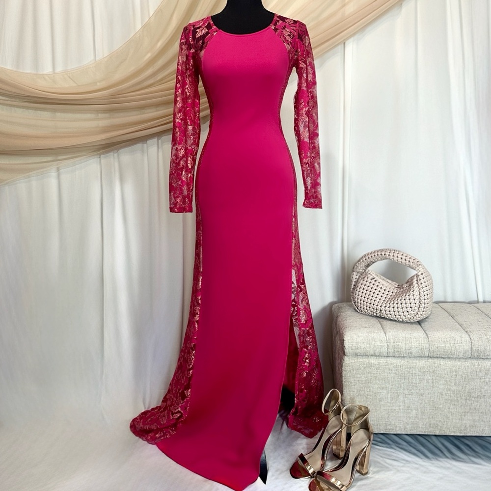 Elegant Hot Pink Lace Evening Gown